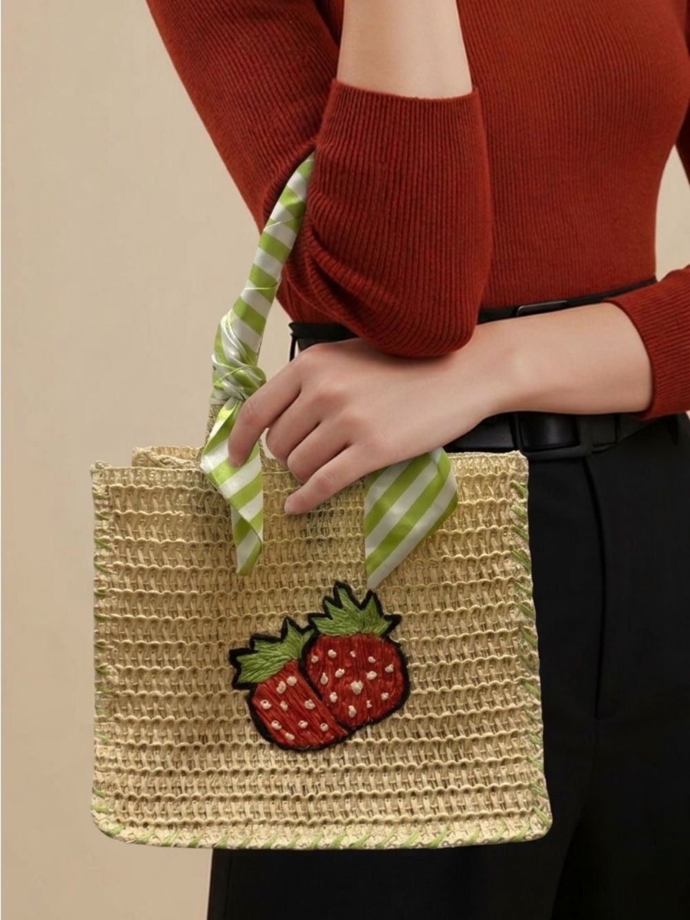 No Boundaries Mini Straw Tote with Red Strawberry Patch and Green Scarf Handle